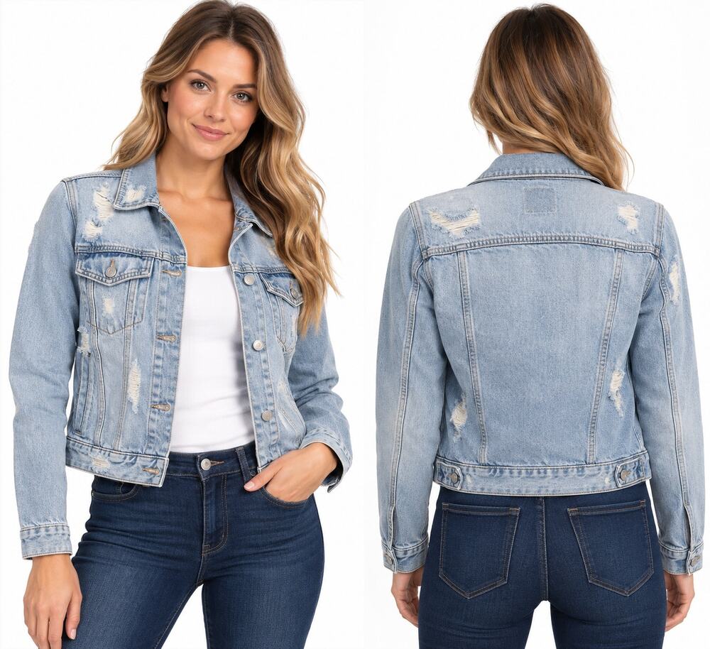 Old Navy Womens M Petite Distressed Denim Jacket Light Wash Trucker 100% Cotton